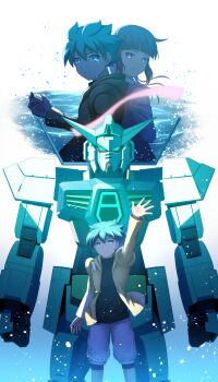 1boy 1girl absurdres aqua_eyes aqua_hair arm_up black_shirt closed_mouth commentary_request dress flit_asuno gundam gundam_age gundam_age-1 gundam_age-1_normal highres hoshi_(artoria_0518) jacket long_hair mecha mobile_suit open_clothes open_jacket purple_dress purple_eyes purple_hair robot shirt short_hair shorts tears v-fin white_shorts yellow_jacket yurin_leciel