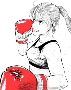 1girl boxing boxing_gloves breasts commentary_request flying_sweatdrops from_side gloves hatching_(texture) highres lee_(dragon_garou) midriff monochrome motion_lines mouth_guard original ponytail punching red_gloves serious small_breasts solo sports_bra spot_color sweat very_sweaty
