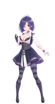 1girl ahoge alternate_breast_size black_bra blue_eyes boots bra bra_peek breast_growth breasts choker cleavage front-tie_bra full_body gloves heterochromia highres huge_breasts kurosaki_mei long_sleeves omega_labyrinth_life pantyhose purple_hair red_eyes school_uniform short_hair simple_background single_glove torn_bra torn_clothes u35 underwear white_background