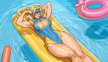 1girl abs absurdres afloat amulet armpits arms_behind_head bare_legs blonde_blazer blonde_hair blue_mask blue_one-piece_swimsuit breasts cleavage cleavage_cutout clothing_cutout commentary covered_abs covered_navel dispatch english_commentary eye_mask from_above hand_in_own_hair highres inflatable_raft jewelry lady_santos large_breasts lying mask muscular muscular_female necklace official_alternate_costume on_back one-piece_swimsuit paid_reward_available pool pool_float smile solo star_cutout swim_ring swimsuit thighs water yellow_trim