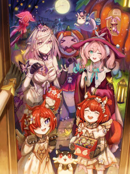 6+girls absurdres aglaea_(honkai:_star_rail) animal_ear_fluff animal_hands aqua_hair bandages bell black_fur bug butterfly candy castorice_(honkai:_star_rail) cerydra_(honkai:_star_rail) character_charm charm_(object) chimera_(honkai:_star_rail) chrysos_heirs_(honkai:_star_rail) cipher_(honkai:_star_rail) closed_eyes commentary dress drill_hair dromas_(honkai:_star_rail) english_commentary evey_(honkai:_star_rail) flower food halloween_bucket hat highres honkai:_star_rail honkai_(series) hyacine_(honkai:_star_rail) hysilens_(honkai:_star_rail) insect isome little_ica_(honkai:_star_rail) moon multiple_girls pink_hair pointy_ears pollux_(honkai:_star_rail) pov pumpkin purple_hair red_hair revision tiara trianne_(honkai:_star_rail) tribbie_(honkai:_star_rail) trinnon_(honkai:_star_rail) twin_drills witch_hat