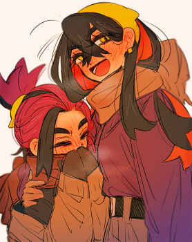Rule 34 | 1boy, 1girl, :d, absurdres, black hair, breath, brother and sister, brown scarf, carmine (pokemon), colored inner hair, crossed bangs, earrings, hair behind ear, hairband, hand on another's shoulder, highres, jewelry, kieran (pokemon), long hair, long sleeves, loose hair strand, mittens, mole, mole under eye, multicolored hair, nintendo, open mouth, pokemon, pokemon sv, ponytail, purple hair, red hair, scarf, shirt tucked in, siblings, smile, thick eyebrows, tisanntisyou, two-tone hair, winter clothes, yellow eyes, yellow hairband