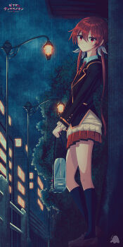 bad_id bad_pixiv_id black_socks blouse blush brown_shoes closed_mouth collared_shirt copyright_name critter100 english_text from_side hair_between_eyes hair_ribbon head_tilt highres joukamachi_no_dandelion kneehighs lamppost long_hair looking_at_viewer necktie outdoors rain red_eyes red_hair red_necktie red_skirt ribbon sakurada_akane shirt shoes skirt smile socks twintails very_long_hair wet wet_hair white_ribbon white_shirt