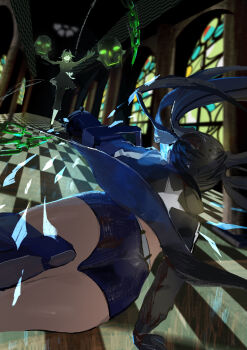 10nitimonokori 2girls absurdres arm_cannon ass black_coat black_dress black_hair black_leggings black_rock_shooter black_rock_shooter_(character) black_shorts chain checkered_floor coat commentary_request dead_master dress flaming_eye floating_skull highres leggings long_hair multiple_girls rock_cannon shorts skull twintails weapon