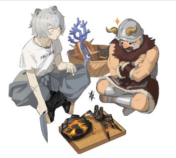 2boys animal_ears arknights basket bear_ears beard black_boots boots brown_shorts commentary_request crossed_arms crossed_legs cutting_board dungeon_meshi dwarf facial_hair fake_horns grey_eyes grey_hair grey_pants helmet holding holding_knife horned_helmet horns infused_originium_slug_(arknights) jaye_(arknights) jaye_(elite_ii)_(arknights) jewelry kegani_(kegani01) knife looking_at_another looking_down male_focus multiple_boys muscular muscular_male mustache necklace nethersea_spewer_(arknights) originium_slug_(arknights) pants pointing pointing_down sandals scar scar_on_arm seaborn_(arknights) senshi_(dungeon_meshi) shin_guards shirt shorts simple_background sparkle t-shirt teaching thick_mustache white_background white_shirt