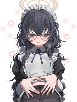Rule 34 | absurdres, apron, black hair, blue archive, breasts, brown halo, clothes lift, commentary, glasses, hair ribbon, halo, heart, heart hands, highres, long hair, maid, maid apron, navel, neck ribbon, open mouth, panties, pantyhose, ribbon, shy, simple background, small breasts, sweat, ui (blue archive), underwear, white background, white panties, yoru uyo