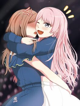 2girls anon_tokyo_(bang_dream!) bang_dream! bang_dream!_it&#039;s_mygo!!!!! blush brown_hair chihaya_anon dress fang grey_eyes harune28 highres hug long_hair multiple_girls mygo!!!!!_(bang_dream!) nagasaki_soyo open_mouth pink_hair stage yuri