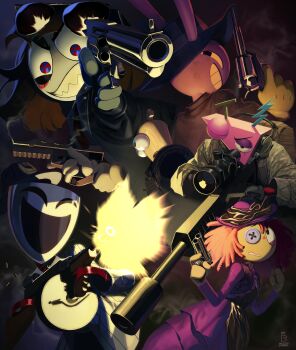 1other 2boys 3girls amazingbababa assault_rifle brown_hair chess_piece commentary_request copyright_request dress earphones gangle_(the_amazing_digital_circus) gun highres holding holding_weapon jax_(the_amazing_digital_circus) kinger_(the_amazing_digital_circus) mask multiple_boys multiple_girls pomni_(the_amazing_digital_circus) puppet rabbit ragatha_(the_amazing_digital_circus) rifle smile the_amazing_digital_circus weapon zooble_(the_amazing_digital_circus)