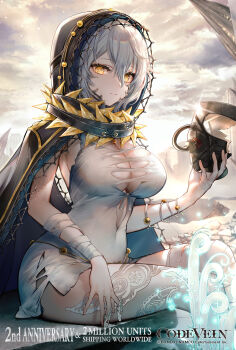 1girl absurdres anniversary breasts cleavage cloak cloud code_vein commentary_request dress grey_hair highres hood hooded_cloak io_(code_vein) large_breasts official_art second-party_source short_dress sky solo tarutaru_yamaoka yellow_eyes