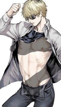 Rule 34 | 2boys, black hair, blonde hair, closed mouth, clothes lift, collared shirt, commentary request, cowboy shot, denim, facial hair, goatee stubble, grey male underwear, highres, hikaru ga shinda natsu, invisible, jeans, lifting another's clothes, male focus, male underwear, multicolored hair, multiple boys, navel, neji vuldarak, nipples, open clothes, open fly, open shirt, pants, roots (hair), shirt, shirt lift, simple background, stomach, stubble, sunglasses, tanaka (hikaru ga shinda natsu), underwear, white background, white shirt, yaoi