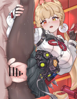 1boy 1girl :o absurdres alice_thymefield animal_ears bar_censor black_skirt blonde_hair blush breasts censored commentary daram_(shappydude) fingerless_gloves gloves hair_ornament hand_on_own_leg heart hetero heterochromia highres indoors large_breasts large_variant_set long_hair open_mouth orange_eyes pantyhose penis pleated_skirt revision sex shirt skirt sphere_hair_ornament split spoken_heart standing standing_on_one_leg standing_sex standing_split sweat torn_clothes torn_pantyhose vaginal variant_set white_shirt zenless_zone_zero