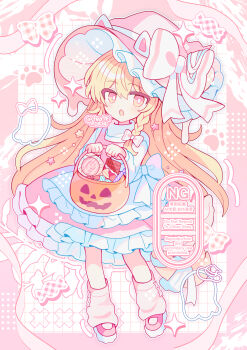 Rule 34 | 1girl, absurdres, blonde hair, blush, candy, dress, food, frilled dress, frills, hair ribbon, halloween, hat, highres, kirisame marisa, long hair, long sleeves, open mouth, pink dress, pink hat, pink shoes, pink socks, ribbon, shirocha tei, shirt, shoes, socks, solo, touhou, white ribbon, white shirt, witch, yellow eyes