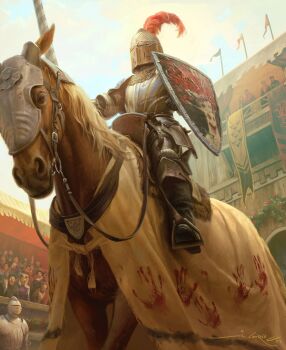 2boys 6+others a_song_of_ice_and_fire absurdres armor building crowd feathers game_of_thrones helmet highres holding holding_polearm holding_shield holding_weapon horse joshua_cairos knight lance multiple_boys multiple_others outdoors polearm red_feathers shield solo_focus weapon