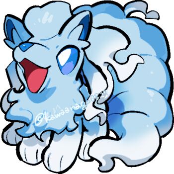 alolan_form alolan_ninetales animal_focus chibi chibi_only commentary_request full_body gen_7_pokemon kawaanago lowres nintendo no_humans open_mouth pokemon pokemon_(creature) pokemon_focus smile solo transparent_background twitter_username