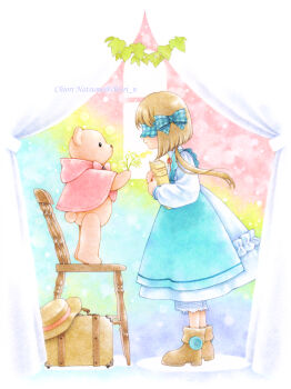 1girl blind book boots brown_hair chair chiori_n colored_pencil_(medium) commentary_request curtains doll dress expressionless flower highres holding holding_book holding_flower looking_at_another original profile stuffed_animal stuffed_toy teddy_bear traditional_media twintails