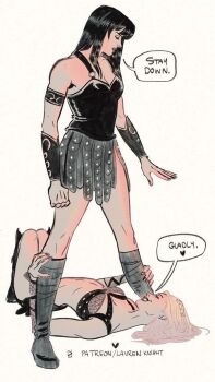 above_another armlet black_hair blonde_hair boots bracer breasts commentary english_commentary english_text gabrielle_(xena:_warrior_princess) hands_on_another's_legs highres jewelry knee_boots knees_up looking_at_another looking_down looking_up lying mature_female medium_breasts on_back on_ground skinny skirt speech_bubble spread_legs standing toned toned_female xena xena:_warrior_princess yuri