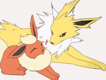 :o animal_focus animal_hands black_eyes closed_eyes flareon fluffy full_body gen_1_pokemon heart jolteon looking_at_another lying neck_fur nintendo no_humans open_mouth orange_fur pokemon pokemon_(creature) pokemon_focus pp_7762 simple_background white_background white_fur yellow_fur