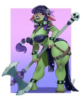 1girl artist_name axe battle_axe bracelet breasts collar colored_skin ed_(edemevas) female_goblin full_body goblin green_skin hair_ornament highres holding holding_axe jewelry large_breasts long_hair looking_to_the_side original pointy_ears ponytail purple_eyes purple_hair signature skull_hair_ornament solo spiked_anklet spiked_bracelet spiked_collar spikes standing thelma_(edemevas) watermark weapon