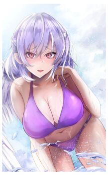 1girl beach bikini blush border braid breasts cleavage cloud cloudy_sky collarbone day ears feathered_wings french_braid furrowed_brow hair_between_eyes hand_up kishin_sagume large_breasts leaning_forward looking_at_viewer navel niradama_(nira2ratama) nose open_mouth partially_submerged purple_bikini purple_eyes short_hair silver_hair single_wing sky smile solo splashing standing swimsuit touhou water white_border white_wings wings