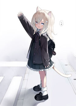 1girl :d animal_ear_fluff animal_ears arm_up backpack bag bag_charm black_dress black_jacket black_shoes blue_eyes brown_hair capriccio cat_ears cat_girl cat_tail charm_(object) collared_dress commentary_request crosswalk dress frilled_dress frills from_side hair_between_eyes hair_ornament hairclip jacket loafers long_hair long_sleeves looking_at_viewer looking_to_the_side open_clothes open_jacket open_mouth original outdoors pleated_dress road shoes sleeves_past_wrists smile socks solo street tail translation_request white_socks