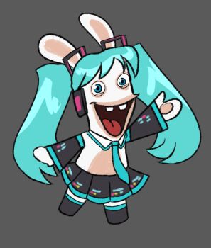 1boy animal_ears aqua_hair blue_eyes buck_teeth cosplay detached_sleeves hatsune_miku hatsune_miku_(cosplay) long_hair looking_at_viewer necktie no_humans open_mouth parody pizzapii pleated_skirt rabbid rabbit_ears raving_rabbids shirt skirt sleeveless sleeveless_shirt smile solo teeth tongue twintails very_long_hair vocaloid