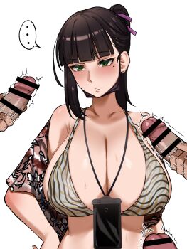 ... 1girl asymmetrical_sidelocks bar_censor bikini black_hair breasts cellphone censored closed_mouth commentary_request cut_bangs green_eyes hair_ribbon hand_on_own_hip highres huge_breasts male_masturbation masturbation mole mole_under_eye multicolored_bikini original paid_reward_available peaceful1716 penis phone ponytail purple_ribbon raised_eyebrow ribbon shawl sidelocks simple_background smartphone solo_focus spoken_ellipsis surrounded_by_penises sweat swimsuit twitching_penis upper_body white_background
