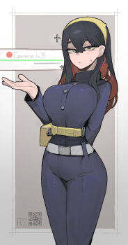 1girl arm_behind_back artist_name azz0422 black_hair blue_jacket blue_pants blueberry_academy_school_uniform breasts carmine_(pokemon) character_name crossed_bangs fanny_pack hair_between_eyes hairband health_bar highres jacket large_breasts long_hair long_sleeves looking_at_viewer mole mole_under_eye multicolored_hair nintendo pants pokemon pokemon_sv qr_code red_hair school_uniform solo sweatdrop two-tone_hair yellow_eyes yellow_hairband