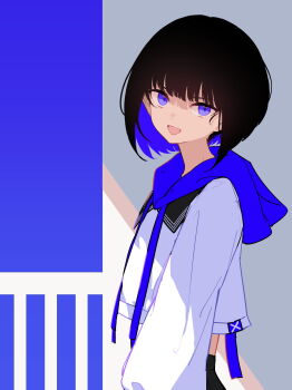 1girl :d absurdres black_hair black_skirt bob_cut crop_top drawstring from_side highres hood hood_down long_sleeves looking_at_viewer looking_to_the_side midriff multicolored_hair open_mouth original osisio pleated_skirt puffy_long_sleeves puffy_sleeves purple_eyes purple_hair shirt short_hair skirt smile solo two-tone_hair white_shirt