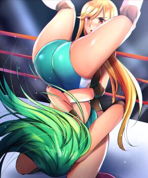 2girls ass blonde_hair boots fighting green_hair kochiya_sanae legs_over_head leotard lights long_hair multiple_girls niwatori_(eck16614) piledriver_(wrestling) rope shiny_skin stage_lights submission_hold touhou touhou_tag_dream upside-down view_between_legs wrestler wrestling wrestling_outfit wrestling_ring