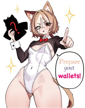 1girl absurdres adramallih animal_ear_fluff animal_ears bandaid bandaid_on_face bandaid_on_nose black_shrug breasts brown_eyes brown_hair cat_ears cat_girl cat_tail commentary covered_navel cowboy_shot double-parted_bangs english_commentary english_text groin hair_between_eyes highleg highleg_leotard highres holding leotard long_sleeves looking_at_viewer mao_(adramallih) mole mole_under_eye open_mouth original pointing pointing_at_viewer short_hair shrug_(clothing) simple_background small_breasts solo sparkle strapless strapless_leotard tail thick_thighs thighs white_background white_leotard white_wrist_cuffs wrist_cuffs