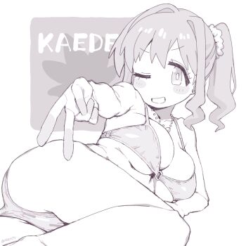 Rule 34 | 1girl, ;), ass, bare arms, bare legs, bare shoulders, bikini, blush stickers, breasts, character name, commentary, greyscale, grin, hair intakes, hair ornament, hair scrunchie, highres, hozuki kaede, jewelry, large breasts, looking at viewer, lying, matado (almukha), monochrome, necklace, o-ring, o-ring bikini, on side, one eye closed, onii-chan wa oshimai!, scrunchie, side ponytail, simple background, smile, solo, swimsuit, twitter username, v