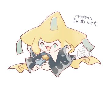 blue_robe closed_eyes clothed_pokemon colored_skin commentary_request full_body gen_3_pokemon happy jirachi legendary_pokemon long_sleeves mkt_(buizu-miki) mythical_pokemon nintendo no_humans pokemon pokemon_(creature) pokemon_focus robe simple_background smile star_(symbol) twitter_username white_background white_skin