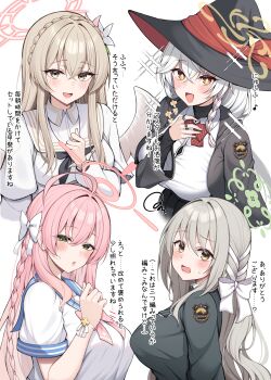 +_+ 4girls :d :o absurdres ahoge black_hat black_jacket black_neckerchief black_shirt black_skirt blazer blue_archive blue_sailor_collar blush bow bowtie bracelet braid breasts bright_pupils brown_eyes brown_hair button_gap clenched_hand commentary_request cropped_torso crossed_bangs crown_braid diagonal-striped_bow diagonal-striped_bowtie diagonal-striped_clothes eighth_note emblem eri_(blue_archive) excited flower green_eyes green_halo grey_hair grey_jacket hair_between_eyes hair_bow hair_flower hair_intakes hair_ornament hair_ribbon hairstyle_connection halo hanako_(blue_archive) hand_on_own_chest hand_up hat highres huge_breasts index_ring jacket jewelry layered_sleeves long_hair long_sleeves looking_at_viewer low_ponytail medium_breasts middle_ring miyo_(blue_archive) multiple_girls multiple_rings musical_note nagisa_(blue_archive) narrowed_eyes neck_ribbon neckerchief open_clothes open_jacket open_mouth pink_flower pink_hair pink_halo pink_ribbon pleated_skirt ponytail raised_eyebrows red_bow red_bowtie ribbon ribbon_braid ring sailor_collar sailor_shirt school_uniform shirt shirt_under_shirt short_over_long_sleeves short_sleeves side_braid simple_background skirt sleeve_cuffs smile sparkle striped_bow striped_bowtie striped_clothes suzutarou_gunsou sweatdrop talking tented_shirt translation_request undershirt white_background white_bow white_flower white_hair white_pupils white_shirt witch_hat yellow_eyes yellow_halo