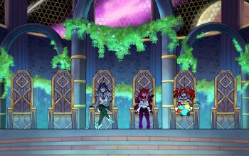 animal_ears black_hair blue_eyes bow collar crystal_wings detached_sleeves detached_wings hair_intakes hakos_baelz heterochromia highres holocouncil hololive hololive_english holopromise horns irys_(hololive) long_hair mouse_ears mouse_girl mouse_tail multicolored_hair ouro_kronii red_hair short_hair sitting_on_throne spiked_collar spikes spriggantweet streaked_hair tail tail_bow tail_ornament thighhighs twintails virtual_youtuber white_hair wings