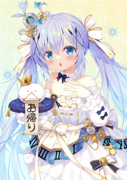 Rule 34 | 1girl, :o, angora rabbit, bare shoulders, black bow, blue bow, blue eyes, blue hair, bow, bow choker, choker, commentary request, crossed bangs, detached sleeves, dress, dress bow, flat chest, frilled choker, frills, gochuumon wa usagi desu ka?, hair between eyes, hair bow, hair ornament, highres, holding, holding pillow, kafuu chino, long hair, long sleeves, open mouth, pillow, rabbit, rabbit hair ornament, sidelocks, sleeve bow, solo, strapless, strapless dress, taku michi, tippy (gochiusa), twintails, very long hair, white bow, white choker, white dress, white sleeves, x hair ornament