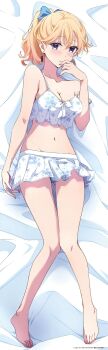 1girl absurdres ayase_saki bare_legs bare_shoulders barefoot bed_sheet bikini bikini_skirt blonde_hair blue_bikini blue_bow blush bow breasts chest_ribbon cleavage closed_mouth collarbone dakimakura_(medium) dot_nose earrings embarrassed feet female_focus full_body gimai_seikatsu hair_bow highres jewelry legs long_hair long_image looking_at_viewer lying medium_breasts midriff miniskirt navel official_art on_back ponytail purple_eyes ribbon sexually_suggestive skirt solo solo_focus stomach strap_slip swimsuit thighs toes white_bikini white_ribbon white_skirt