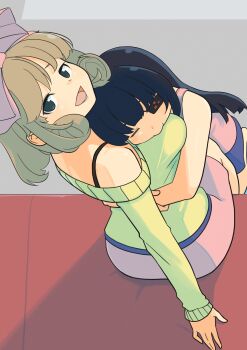 2girls ass bare_shoulders black_hair breasts brown_hair closed_eyes couch eyepatch face_to_breasts green_eyes hair_ribbon haruka_(senran_kagura) hug isometric karehaman large_breasts looking_at_viewer lower_teeth_only medium_hair mirai_(senran_kagura) multiple_girls ribbon senran_kagura sitting skirt sweater teeth yuri