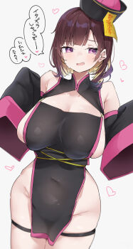 1girl absurdres black_hat black_sleeves blonde_hair breasts brown_hair character_request colored_inner_hair covered_navel detached_sleeves grey_background hat highres hololive jiangshi_costume large_breasts multicolored_hair open_mouth purple_eyes qingdai_guanmao simple_background solo thighs two-tone_hair xlyami