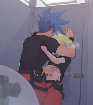 2boys arm_up armband bathroom belt belt_pouch black_belt black_gloves black_shirt blonde_hair blue_hair breath clothes_lift commentary_request galo_thymos gloves half_gloves hand_on_another's_back hand_on_another's_stomach highres kome_1022 lio_fotia male_focus mohawk multiple_boys pants pouch promare red_pants shirt shirt_lift short_hair short_sleeves toilet toilet_stall yaoi