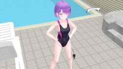 1girl 3d animated arrow_(symbol) ass audible_music blush breasts censored censored_by_text censored_nipples convenient_arm convenient_censoring dancing fangs green_eyes hair_ornament hairclip hololive indoors looking_at_viewer medium_breasts mikumikudance_(medium) multicolored_hair navel nipples_out_of_frame nude one-piece_swimsuit out-of-frame_censoring pink_hair plant pool purple_hair pussy_out_of_frame solo sound standing swimsuit tail tokoyami_towa user26 video virtual_youtuber