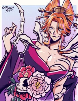 1girl bleach bleach:_brave_souls blue_eyes breasts cleavage collarbone hair_ornament large_breasts matsumoto_rangiku nico_artooo official_alternate_costume orange_hair solo