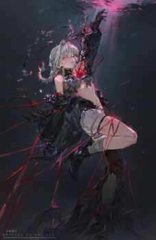 1girl absurdres ankle_boots arm_up bare_shoulders black_boots black_bow black_bowtie black_flower black_gloves black_halo black_rose black_shirt black_thighhighs boots bow bowtie braid chinese_commentary commentary_request commission double_halo flower full_body gloves grey_hair grey_socks hair_between_eyes halo high_heels highres legs long_hair looking_up making-of_available navel open_clothes open_shirt original parted_lips qingfeng_canying rose shirt short_shorts shorts single_braid single_thighhigh socks stomach submerged thighhighs thighs torn_clothes white_flower white_shorts yellow_eyes