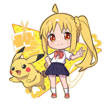 1girl :3 ahoge blonde_hair blue_skirt bocchi_the_rock! bow brown_shoes chibi closed_mouth collared_shirt commentary_request crossover dot_nose drum drumsticks full_body gen_1_pokemon hand_on_own_hip heart highres ijichi_nijika instrument kuxiaopa long_hair nintendo open_mouth orange_eyes outline pikachu pokemon pokemon_(creature) red_bow school_uniform shimokitazawa_high_school_uniform shirt shoes short_sleeves side_ponytail sidelocks simple_background skirt smile socks standing v white_background white_shirt white_socks