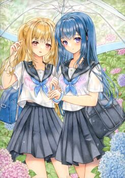 2girls absurdres bag besanten black_sailor_collar black_skirt blonde_hair blue_flower blue_hair bra bra_visible_through_clothes closed_mouth collarbone commentary_request day fingernails flower hair_intakes hair_ornament hairclip hand_up highres holding holding_umbrella hydrangea long_hair marker_(medium) multiple_girls one_side_up original outdoors parted_lips pink_bra pink_flower pleated_skirt purple_bra purple_eyes rain red_eyes sailor_collar school school_uniform see-through_clothes see-through_shirt serafuku shirt short_sleeves shoulder_bag skirt smile standing summer_uniform thigh_strap traditional_media transparent transparent_umbrella umbrella underwear wet wet_clothes wet_shirt white_shirt