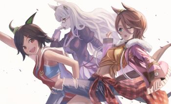 3girls ahoge animal_ears ascot asymmetrical_clothes asymmetrical_pants bandaid bandaid_on_cheek bandaid_on_face bandaid_on_nose bandeau biwa_hayahide_(pf._winning_equation...)_(umamusume) biwa_hayahide_(umamusume) black_hair blue_bandeau blue_eyes blue_sports_bra blush bnw_(umamusume) breasts brown_hair closed_mouth clothes_around_waist denim ear_ornament fur-trimmed_jacket fur_trim glasses grey_hair hair_between_eyes hair_ornament hairclip hood hoodie horse_ears horse_girl horse_tail jacket jacket_around_waist jeans large_breasts long_hair long_sleeves low-cut_armhole midriff multiple_girls narita_taishin_(nevertheless)_(umamusume) narita_taishin_(umamusume) navel one_eye_closed open_mouth pants pink_ascot pink_jacket purple_jacket purple_skirt red-framed_eyewear red_eyes red_jacket semi-rimless_eyewear shirt short_hair single_pantsleg skirt sleeveless sleeveless_hoodie sleeveless_jacket small_breasts smile sports_bra tail tank_top tied_shirt torn_clothes torn_jeans torn_pants umamusume under-rim_eyewear winning_ticket_(get_to_winning!)_(umamusume) winning_ticket_(umamusume) yanoyoru yellow_eyes yellow_shirt yellow_tank_top