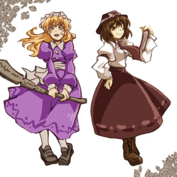 2girls back_bow black_hat book boots bow brown_boots brown_eyes brown_hair buttons closed_mouth collared_dress collared_shirt contrast_collar dress dress_bow ghostly_field_club grey_shoes hand_on_own_hip hat hat_bow holding holding_book holding_rod long_dress long_hair long_sleeves looking_at_viewer maribel_hearn mob_cap multiple_girls puffy_long_sleeves puffy_sleeves purple_dress rod sanwa_no_jako_(daikichi_club) sash shirt shoes short_hair sleeve_cuffs sleeve_garter smile smug socks standing touhou usami_renko white_background white_bow white_hat white_sash white_shirt white_socks yellow_eyes