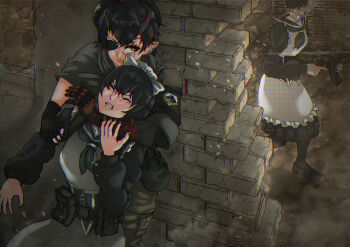 Rule 34 | 3girls, ak-47, apron, assault rifle, black dress, black gloves, black hair, black shoes, bow, clenched teeth, closed eyes, commentary request, cosplay, cowboy shot, dress, eyepatch, fingerless gloves, gloves, grey cloak, gun, hair bow, highres, holding, holding gun, holding weapon, hunk (hunkxk), kalashnikov rifle, kuroneko nanashi, long sleeves, maid, metal gear (series), metal gear solid v: the phantom pain, multiple girls, nanashi inc., pointy ears, red hair, rifle, ryugasaki rene, shoes, short hair, strangling, teeth, venom snake, venom snake (cosplay), virtual youtuber, weapon, white apron, white bow