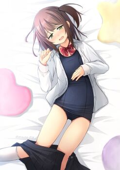 1girl black_hair black_one-piece_swimsuit black_skirt bow bowtie breasts brown_hair collared_shirt commentary_request commission dress dress_shirt feet_out_of_frame gluteal_fold green_eyes hand_on_own_chest lying medium_breasts old_school_swimsuit one-piece_swimsuit one_side_up open_clothes open_shirt original pleated_dress red_bow red_bowtie school_swimsuit shibacha shirt skeb_commission skirt socks solo swimsuit swimsuit_under_clothes unworn_skirt white_shirt white_socks