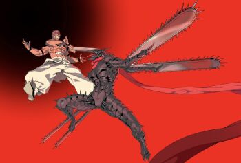 2boys abs arm_blade arm_tattoo armor battle black_horns blank_eyes chainsaw chainsaw_devil chainsaw_man chest_tattoo clenched_teeth demon demon_horns domain_expansion extra_arms extra_eyes facial_tattoo full_body highres horns jujutsu_kaisen jumping kanknive midair monster mudra multiple_boys muscular muscular_male no_eyes open_mouth outstretched_arms pants pink_hair pochita_(chainsaw_man) red_background red_scarf ryoumen_sukuna_(jujutsu_kaisen) ryoumen_sukuna_(true_form)_(jujutsu_kaisen) scarf serratus_anterior sharp_teeth short_hair shoulder_tattoo smile spiked_armor spikes spread_arms stomach_mouth tattoo teeth tongue tongue_out weapon white_eyes white_pants