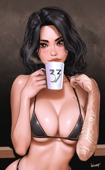 1girl absurdres bikini black_bikini black_hair blush body_markings breasts brown_eyes clair_obscur:_expedition_33 closed_mouth coffee_mug commentary commission cup english_commentary highres holding holding_cup large_breasts lune_(clair_obscur:_expedition_33) medium_hair mug signature smile solo standing swimsuit upper_body wavy_hair wuoarf